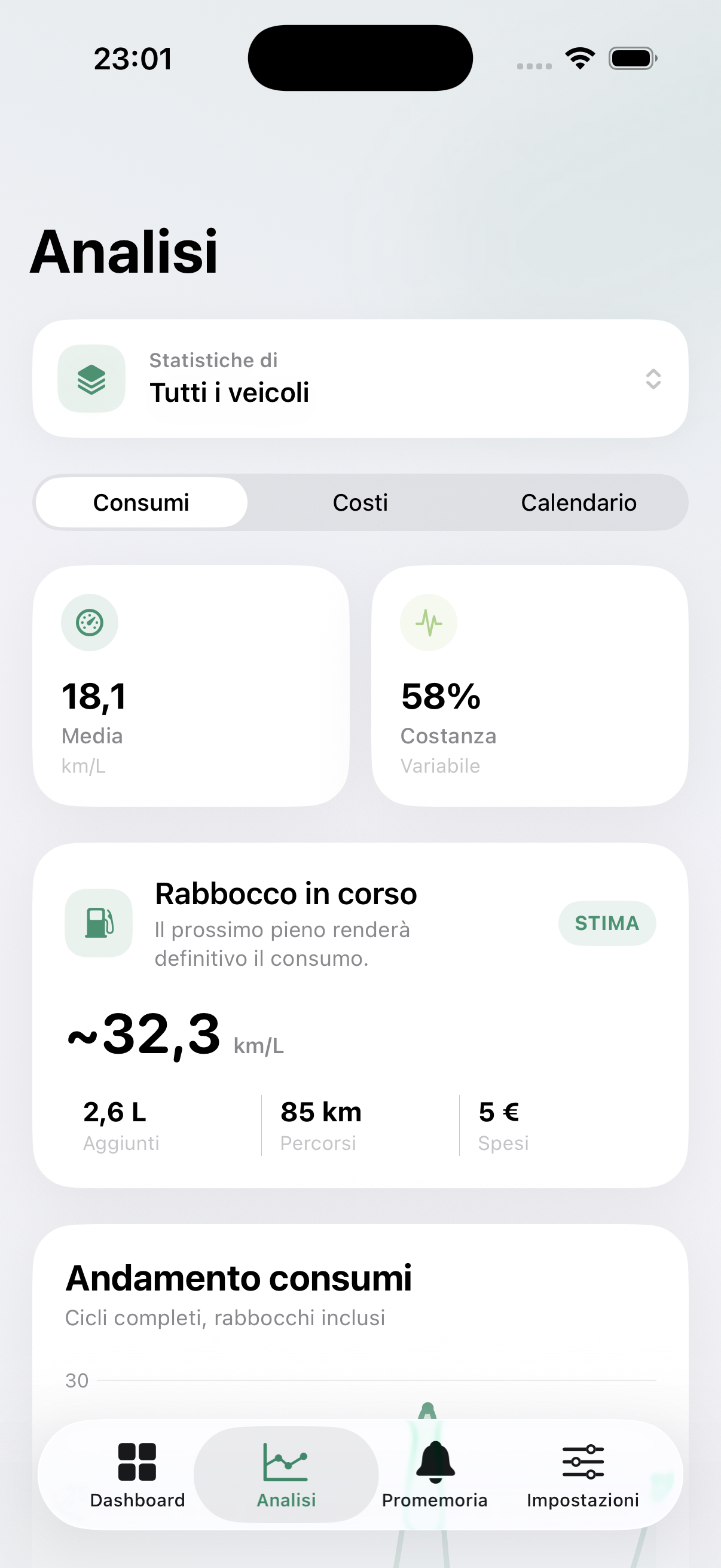 Analisi dei consumi in km/L in vcare.