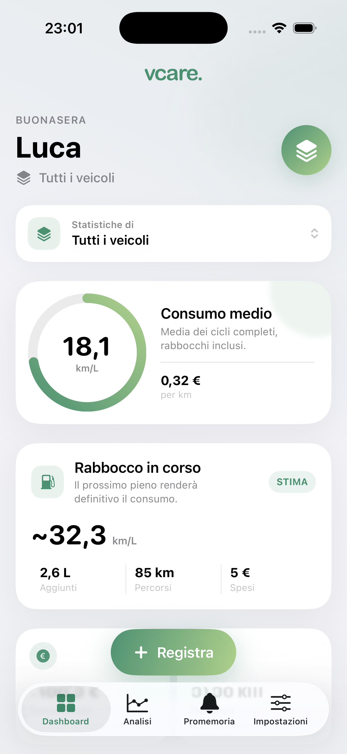 Dashboard di vcare. con consumo medio, rabbocco e spese