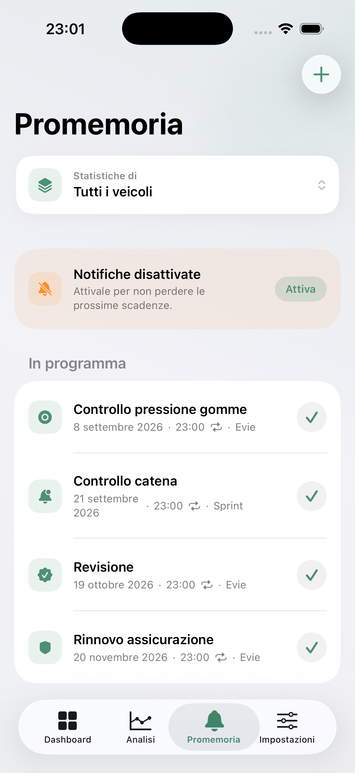 Promemoria di manutenzione in vcare.