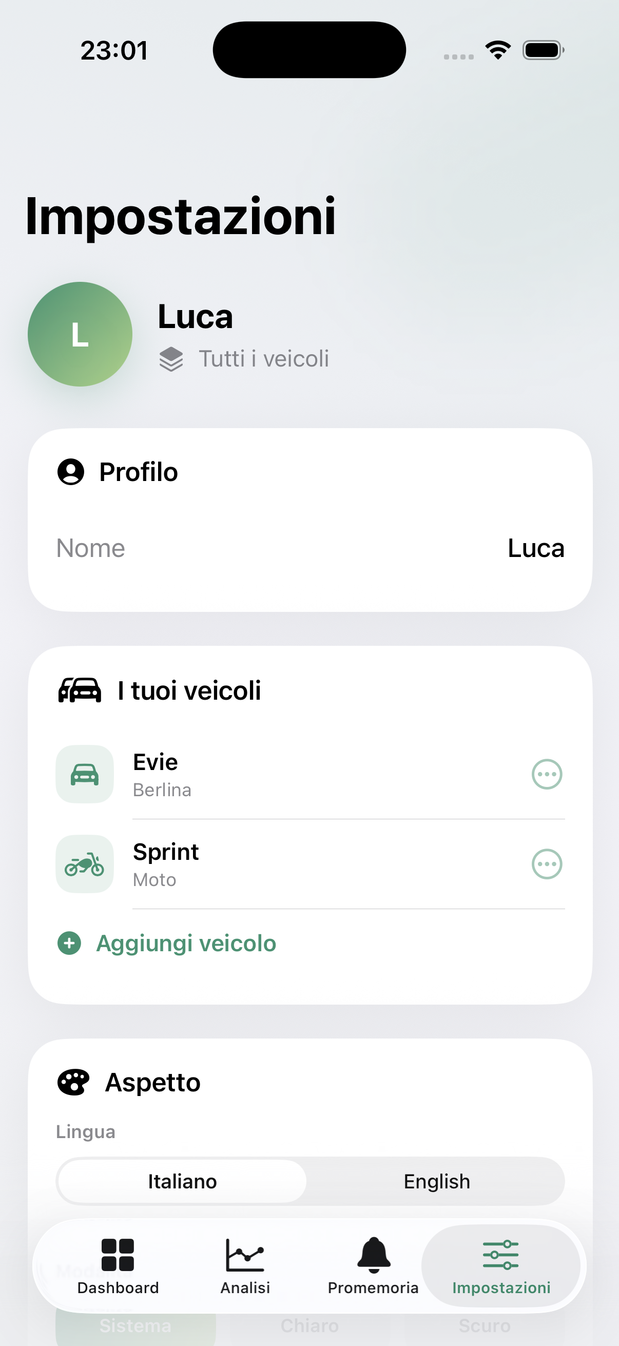 Personalizzazione del profilo e dei veicoli in vcare.